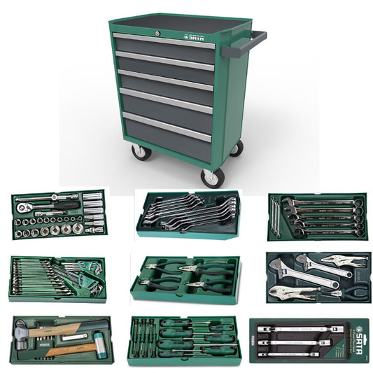 Sata 95121P-5 140 PCS 5 Drawer Tool Trolley Set (Wrench / Hex Key / Pliers / Screwdriver / Socket / Striking) 【Metric】