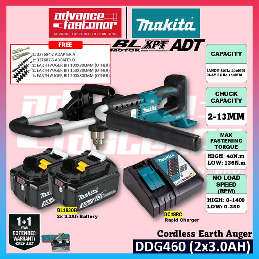 Makita DDG460 / DDG460ZX7 18Vx2 Cordless Earth Auger **FREE THREE size Earth Auger Bit