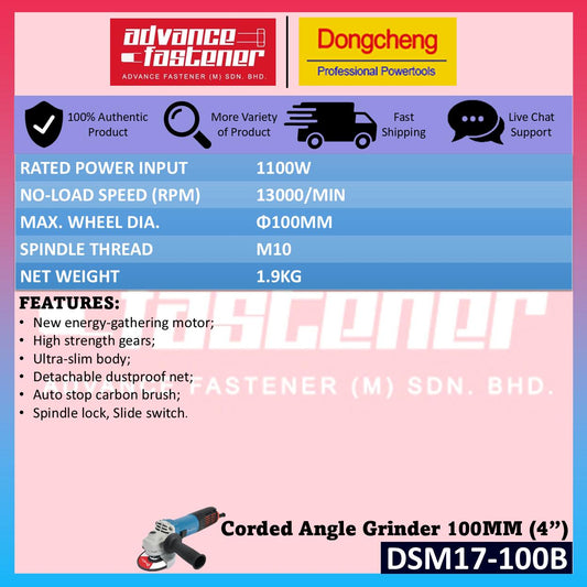 DONG CHENG DSM17-100B Corded Angle Grinder 100MM (4") 1100W | Slide Switch