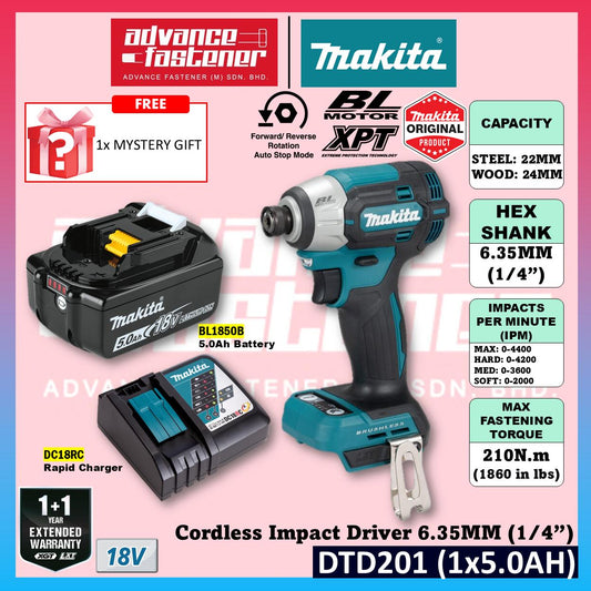 Makita DTD201RTJ / DTD201Z 18V Cordless Impact Driver 6.35 mm (1/4") (Brushless)
