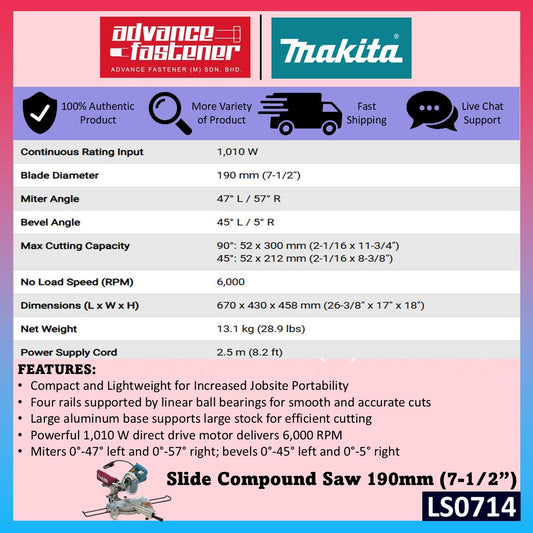 Makita LS0714 Corded Slide Compound Saw 190MM (7-1/2")