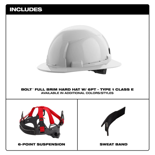 Milwaukee 48-73-1121 BOLT White Full Brim Hard Hat w/6pt Ratcheting Suspension - Type 1, Class E
