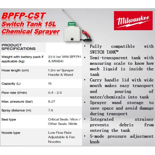 Milwaukee RM2688 Switch Tank System ( BPFPH-0 Switch Tank Powered Base + BPFP-CST Switch Tank 15L Chemical Sprayer )