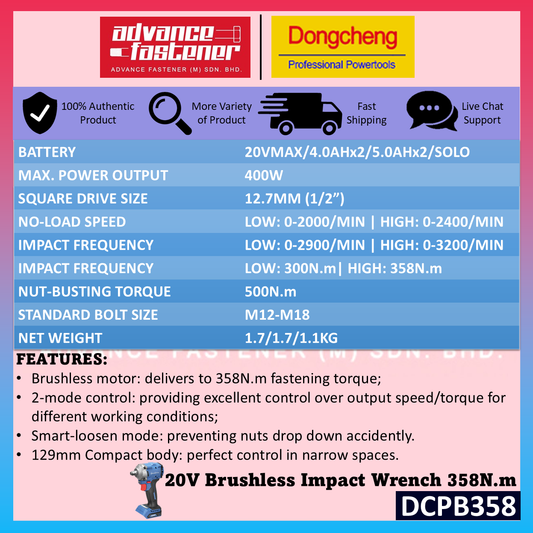 DONG CHENG 20V Cordless Combo Set DCKIT29EK ( DCPB358 Cordless Impact Wrench + DCPL208 Cordless Impact Driver )