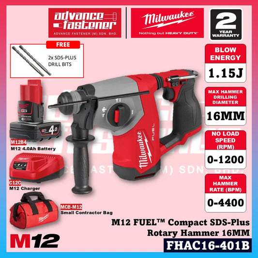 Milwaukee M12™ Compact Essential Kit ( FHAC16 M12 FUEL™ Compact SDS-Plus Rotary Hammer & BLPDRC M12™ Subcompact Brushless Percussion Drill )