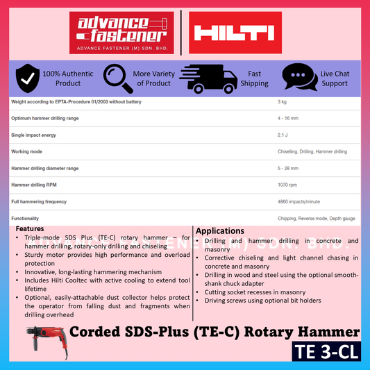 HILTI TE 3-CL SDS Plus Rotary Hammer 2.1J