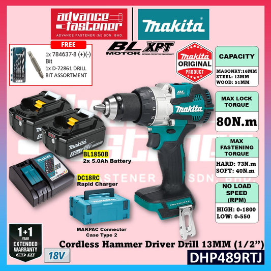 Makita DHP489RTJ / DHP489Z 18V Cordless Hammer Driver Drill 13MM (1/2″)