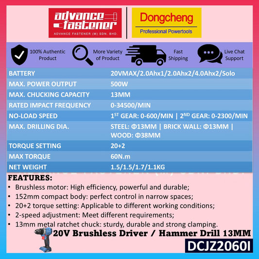 DONG CHENG 20V Cordless Brushless Combo ( DCZC02-26 Rotary Hammer + DCJZ2060i Hammer Driver Drill + DCPB598 Impact Wrench + DCSM03-100 Angle Grinder + DCMY02-185 Circular Saw )