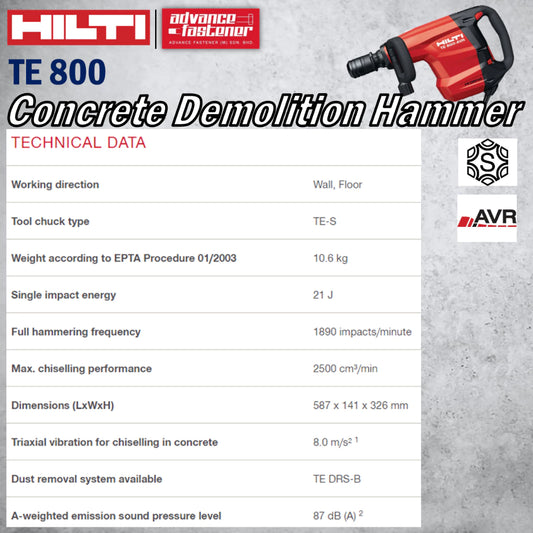 HILTI TE 800-AVR Concrete Demolition Hammer 1850W 21J