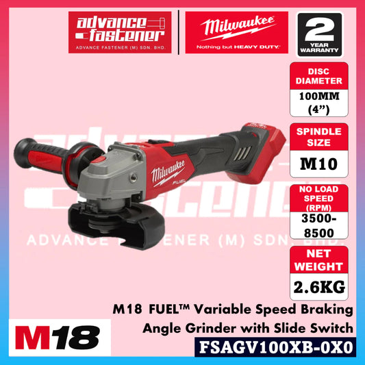 Milwaukee FSAGV100XB-501 / FSAGV100XB-0X0 M18 FUEL™ Variable Speed Braking Angle Grinder with Slide Switch 100MM (4")