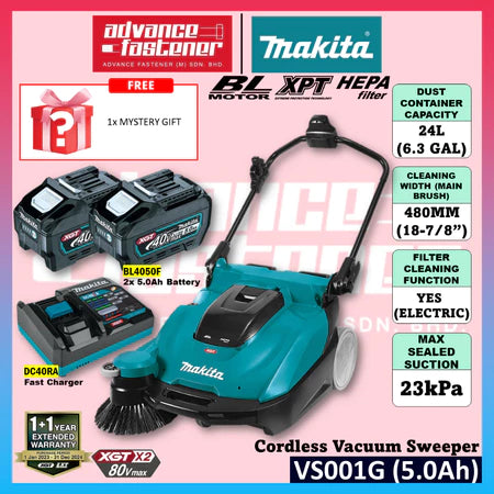 Makita VS001 / VS001GZ 40Vmax X2 Cordless Vacuum Sweeper 480MM (18-7/8")