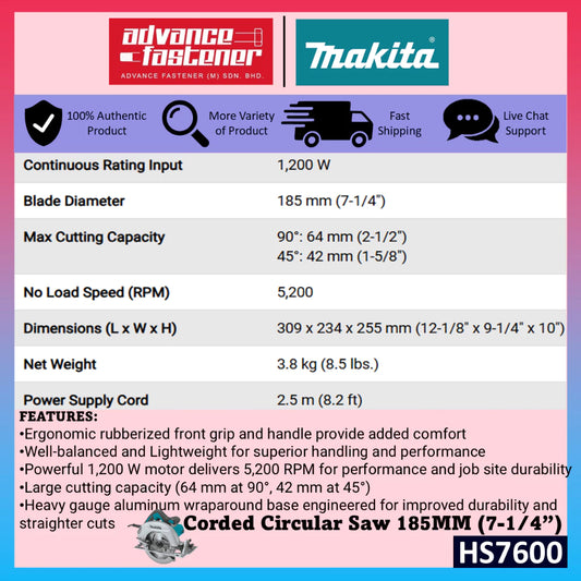 Makita HS7600 Corded Circular Saw 185MM (7-1/4")