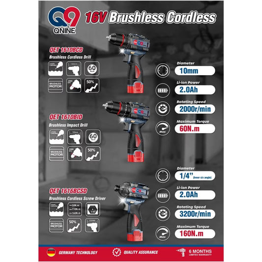 Q9 QNINE QET 1610BID 16V Cordless Brushless Driver Drill + QET 1616BCSD 16V Cordless Brushless Impact Driver Combo Kit
