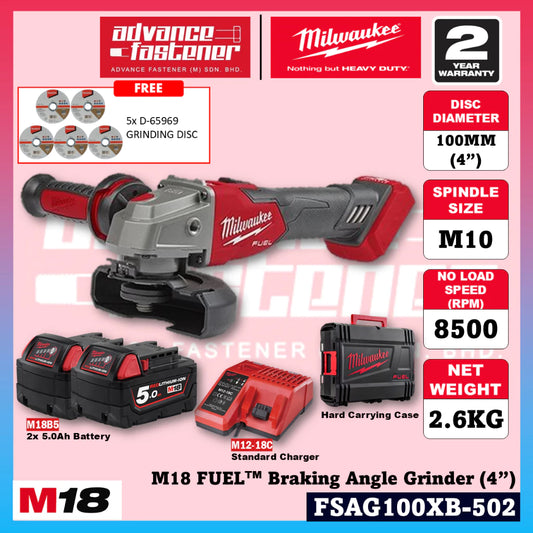 Milwaukee FSAG100XB-501B / FSAG100XB-0X0 M18 FUEL™ GEN II Braking Angle Grinder with Slide Switch 100MM (4")