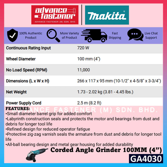 Makita GA4030 Corded Angle Grinder 100MM (4") 720W (Slide Switch)