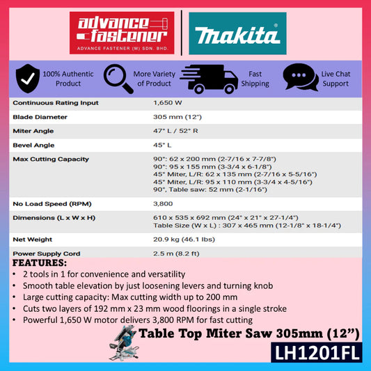 Makita LH1201FL Corded Table Top Miter Saw 305MM (12")