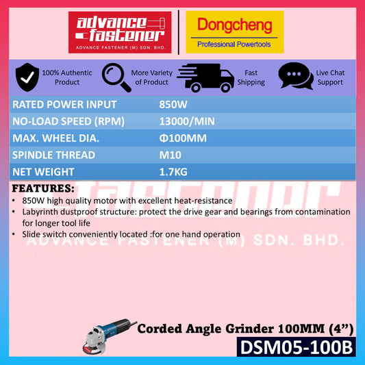 DONG CHENG DSM05-100B Corded Angle Grinder 100MM (4") 850W | Slide Switch