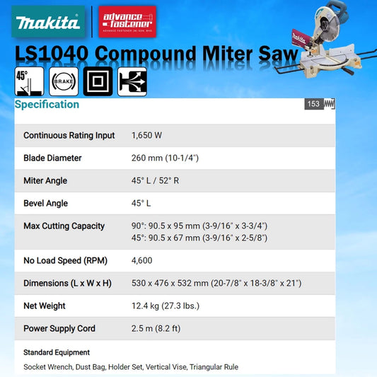 MAKITA LS1040 Compound Miter Saw 260mm (10-1/4”) (Without Stand)