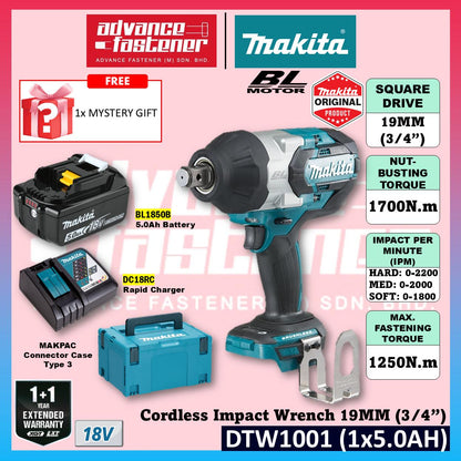 MAKITA DTW1001JX2 / DTW1001JX3 / DTW1001Z 18V Cordless Impact Wrench 19MM (3/4") 1700N.m