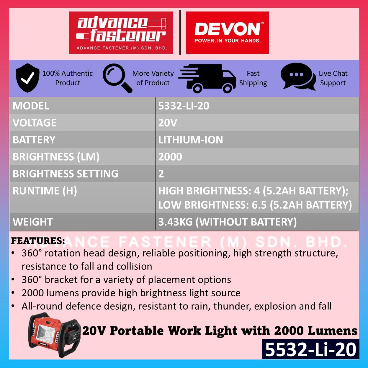 Devon 20V Cordless Emergency Utility Combo ( 5940-Li-20 Dual Function Inflator 5532-Li-20 Work Light