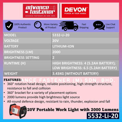 Devon 20V Cordless Emergency Utility Combo ( 5940-Li-20 Dual Function Inflator 5532-Li-20 Work Light