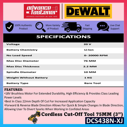 DeWalt DCD438N-XJ 18V XR Brushless Cut Off Saw 75mm (3")