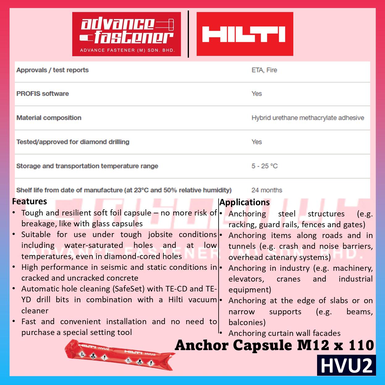 Hilti HVU2 Anchor capsule Adhesive capsule M12x110 / 1 pcs ( Hybrid urethane methacrylate adhesive )