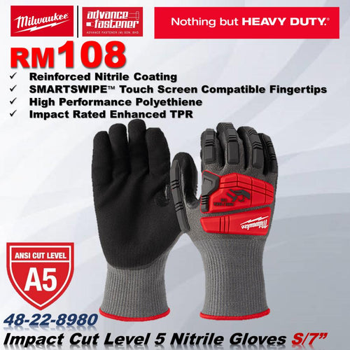Milwaukee 48-22-8980 / 48-22-8981 Impact Cut Level 5 Nitrile Gloves ( Size : S / M )