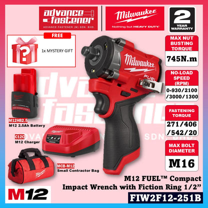 Milwaukee FIW2F12-251B / FIW2F12-0 M12 FUEL Compact Impact Wrench with Friction Ring 1/2" 745N.m