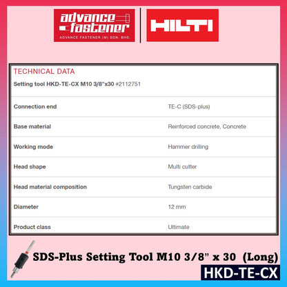 Hilti HKD-TE-CX M12 x 50 ∅15 / M10 3/8” x 30 Setting tool ( long )