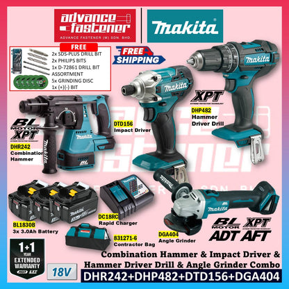 MAKITA 18V Cordless Combo Set ( DHR242 18V Cordless Combination Hammer DHP482 18V Cordless Hammer Driver Drill DGA404 18V Cordless Angle Grinder DTD156 18V Cordless Impact Driver )