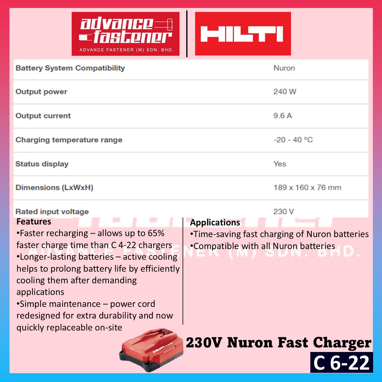 Hilti B 22-85 / B 22-55 / C 6-22 Nuron 2.6Ah / 4.0Ah Battery & 230V Fast Charger