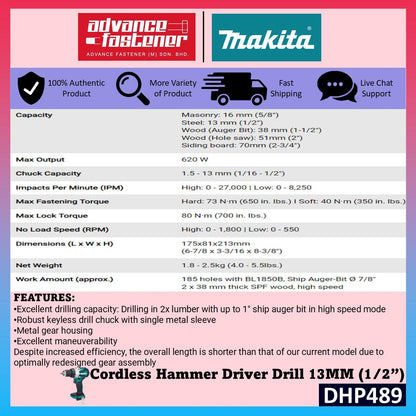 Makita DHP489RTJ / DHP489Z 18V Cordless Hammer Driver Drill 13MM (1/2″)