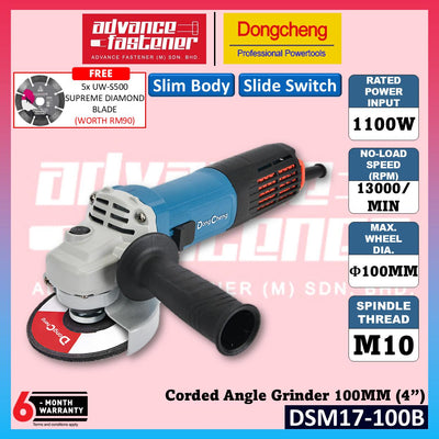 DONG CHENG DSM17-100B Corded Angle Grinder 100MM (4") 1100W | Slide Switch