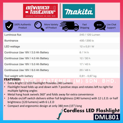 Makita DML801 / DEADML801 18V Cordless LED Flashlight