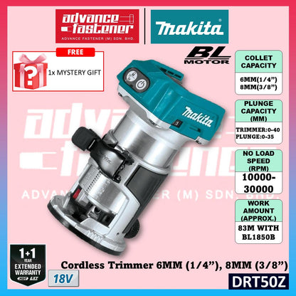 Makita DRT50ZJX9 / DRT50Z 18V Cordless Trimmer Router 6MM (1/4") , 8MM (3/8") | Mesin Trimmer Kayu
