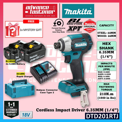 Makita DTD201RTJ / DTD201Z 18V Cordless Impact Driver 6.35 mm (1/4") (Brushless)