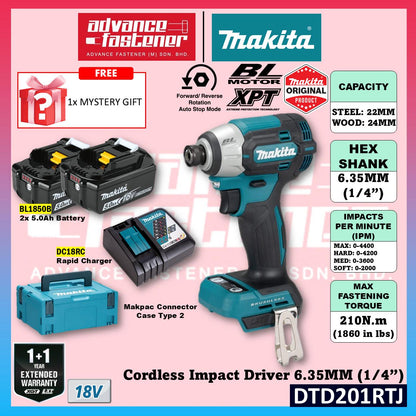 Makita DTD201RTJ / DTD201Z 18V Cordless Impact Driver 6.35 mm (1/4") (Brushless)