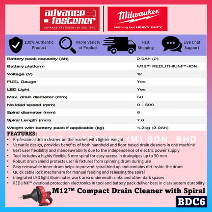 Milwaukee BDC6-202C / BDC6-0C M12 Compact Drain Cleaner w/ Spiral Diameter 6MM
