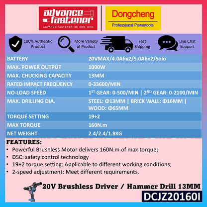 DONG CHENG 20V Brushless Cordless Combo ( DCZC02-26 20V Brushless Cordless Rotary Hammer + DCJZ20160i 20V Brushless Cordless Hammer Drill )