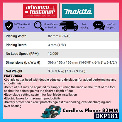 MAKITA DKP181RTJ / DKP181Z 18V Cordless Planer 82MM (3-1/4")