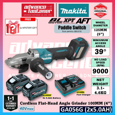 Makita GA056GZ 40Vmax Cordless Flat-head Angle Grinder 125MM (5") ( Paddle Switch )