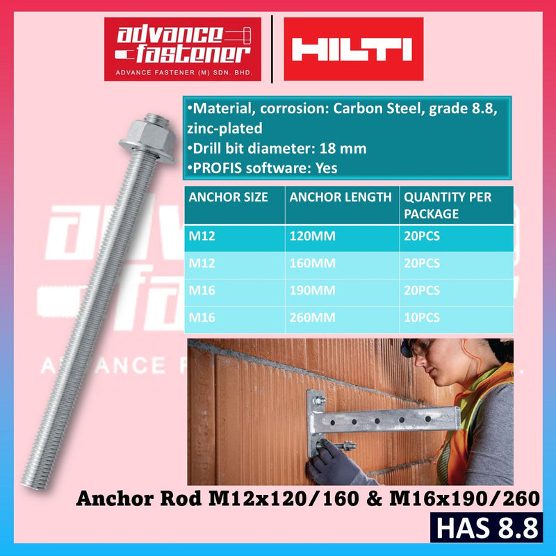 HILTI HAS 8.8 Anchor Rod M12 x 120 / M12 x 160 / M16 x 190 / M16 x 260 ( 8.8 Carbon Steel )