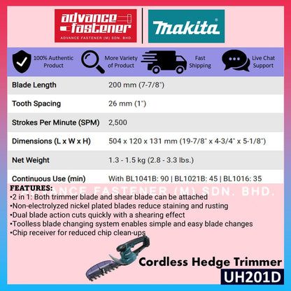 FREE SHIPPING | READY STOCK MAKITA UH201DWAX / UH201DZ 12Vmax Cordless Hedge Trimmer 200MM (7-7/8")