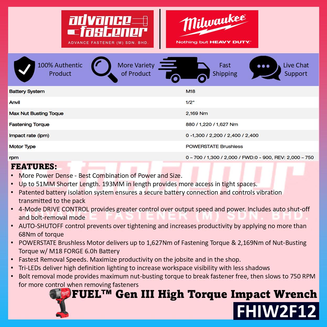 Milwaukee FHIW2F12-601B / FHIW2F12-0X0 M18 FUEL Gen III High Torque Impact Wrench 1/2" 2169N.m