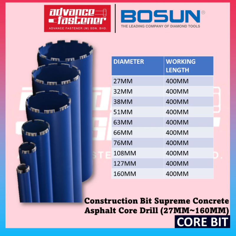 BOSUN Construction Bit Supreme Concrete Asphalt Core Drill Bit ( 27MM - 160MM ) 400MM Core Bit