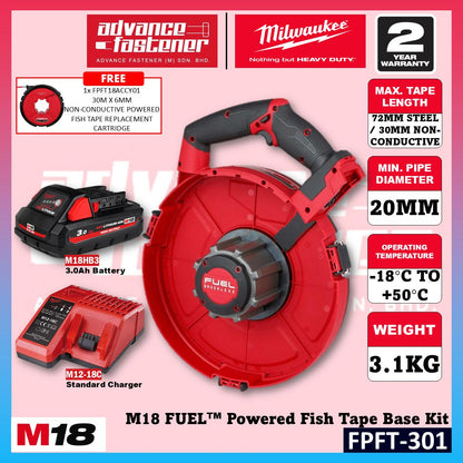 Milwaukee FPFT-501 / FPFT-0 M18 FUEL Powered Fish Tape Kit w/ FPFT18ACCY01 30m x 6mm Non-Conductive Powered Fish Tape Replacement Cartridge