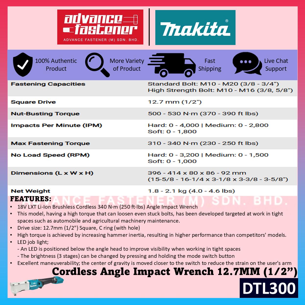 Makita DTL300 / DTL300Z 18V Cordless Angle Impact Wrench 12.7MM (1/2") (Brushless)