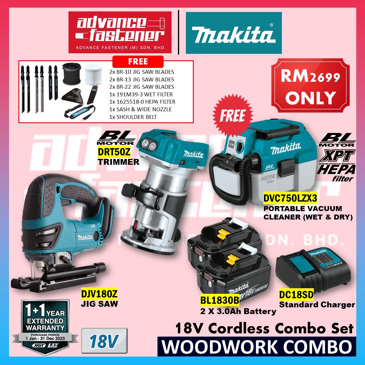 MAKITA 18V LXT Cordless Woodwork Combo ( DJV180Z Cordless Jig Saw + DRT50Z Cordless Trimmer Router + DVC750LZX3 Cordless Portable Vacuum Cleaner Wet & Dry )