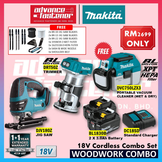 MAKITA 18V LXT Cordless Woodwork Combo ( DJV180Z Cordless Jig Saw + DRT50Z Cordless Trimmer Router + DVC750LZX3 Cordless Portable Vacuum Cleaner Wet & Dry )